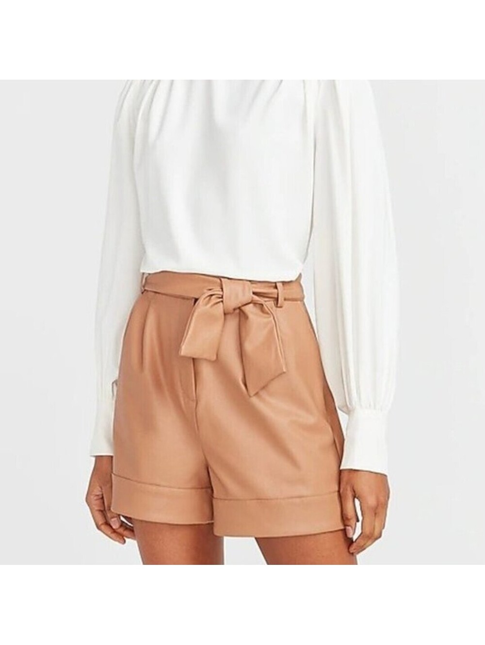 EXPRESS Tan Faux Vegan Leather High Rise Belted Tie Shorts Size 6